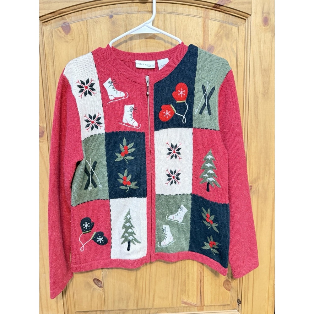 Croft & Barrow Petite Holiday Cardigan Sweater PM Ski Skates Mittens Nordic